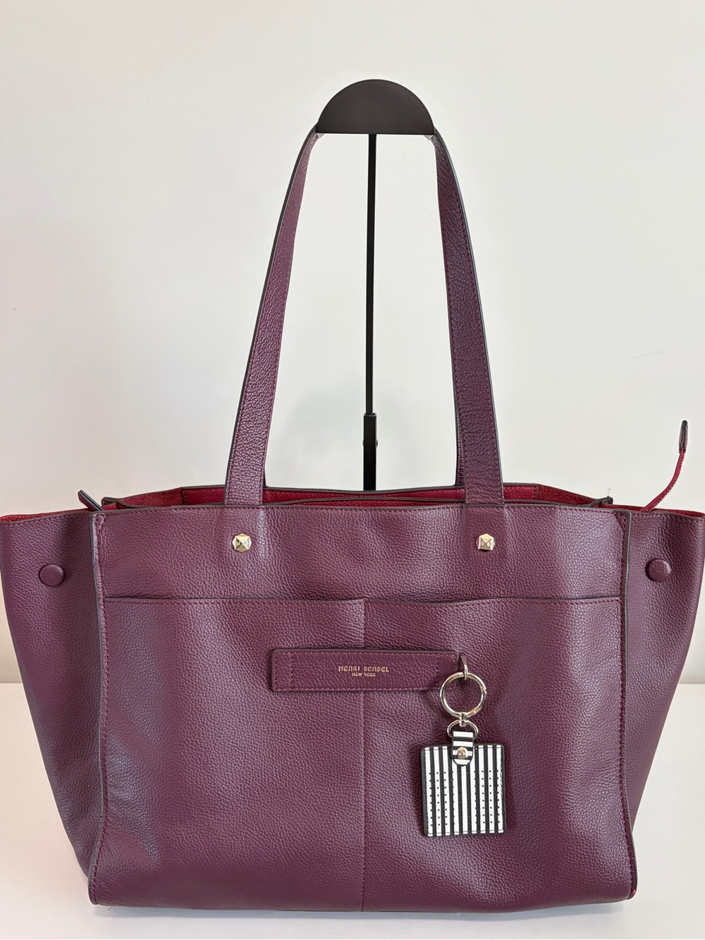 Henri Bendel Plum Pebbled Leather Tote with Striped Charm